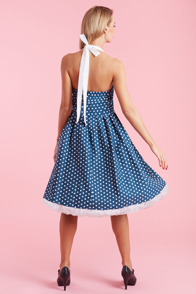 Sophia Halterneck Polka Dot Swing Dress in Blue