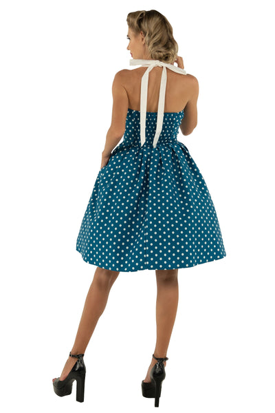 Sophia Halterneck Polka Dot Swing Dress in Blue