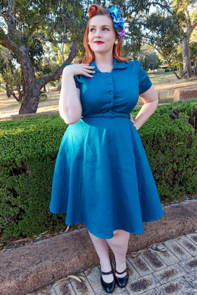 EU STOCK Penelope 1950s Inspired Blue Shirt Dress