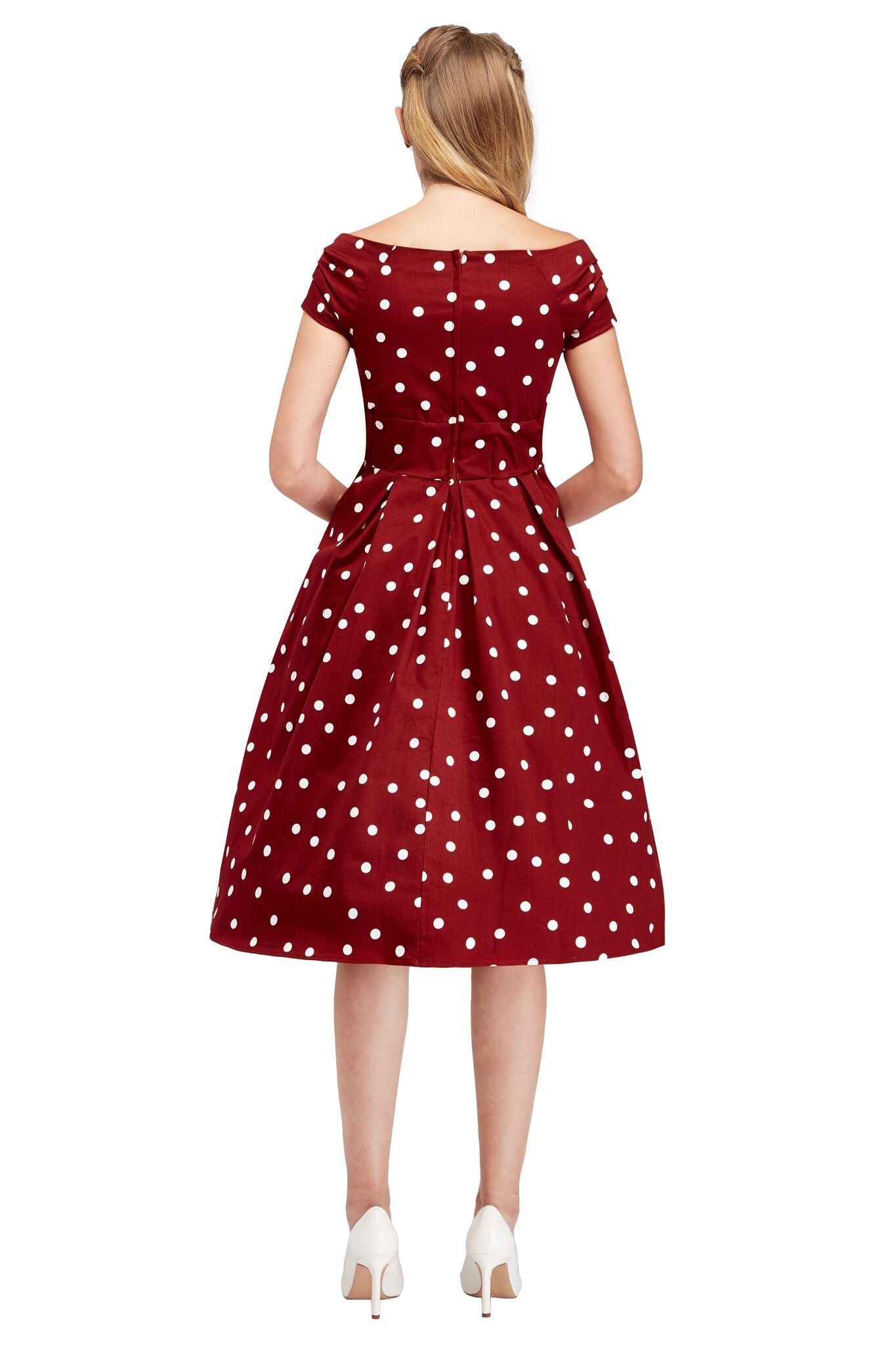Lily Off Shoulder Polka Dot Evening Dress in Burgundy & White