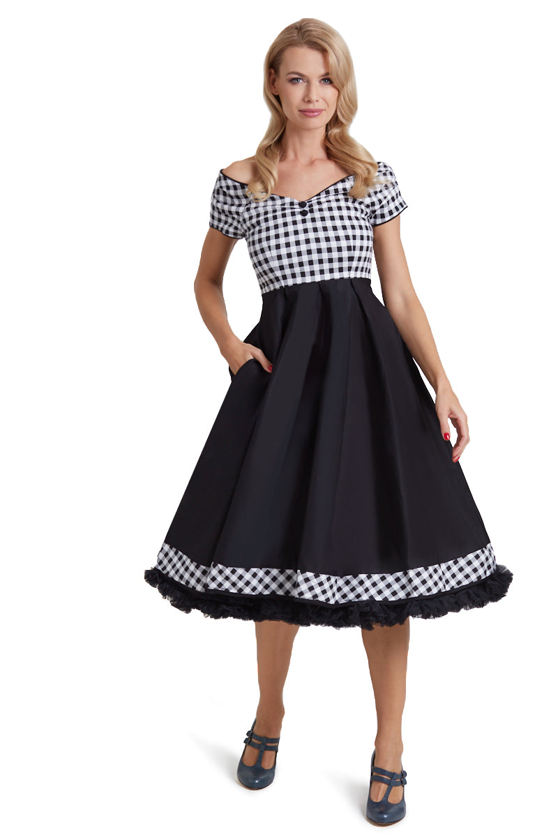 Lily Off Shoulder Black Gingham Swing Dress