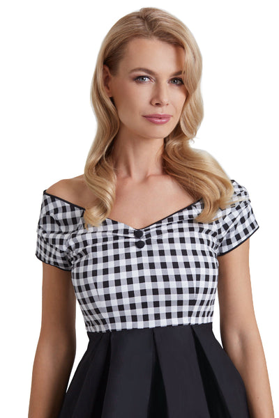 Lily Off Shoulder Black Gingham Swing Dress