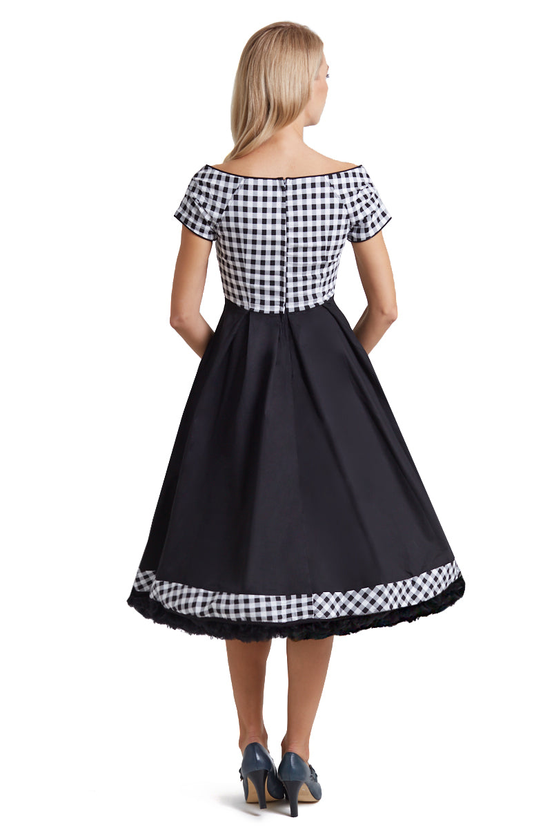 Lily Off Shoulder Black Gingham Swing Dress