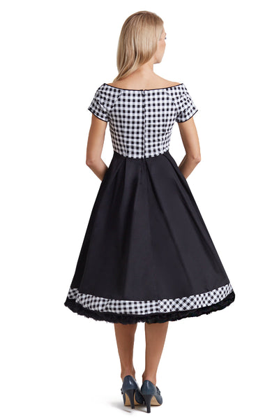 Lily Off Shoulder Black Gingham Swing Dress