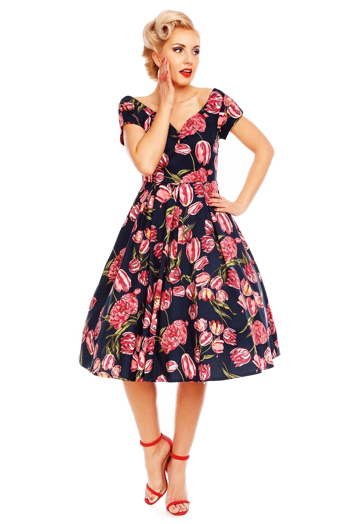 Lily Off Shoulder Swing Dress in Navy Tulip