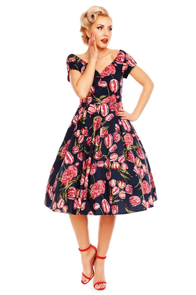 Lily Off Shoulder Swing Dress in Navy Tulip