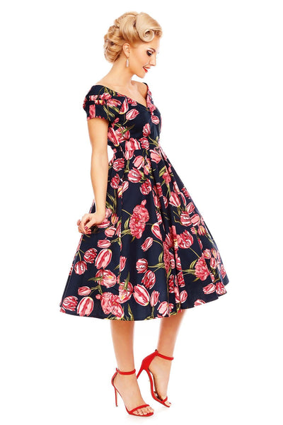 Lily Off Shoulder Swing Dress in Navy Tulip