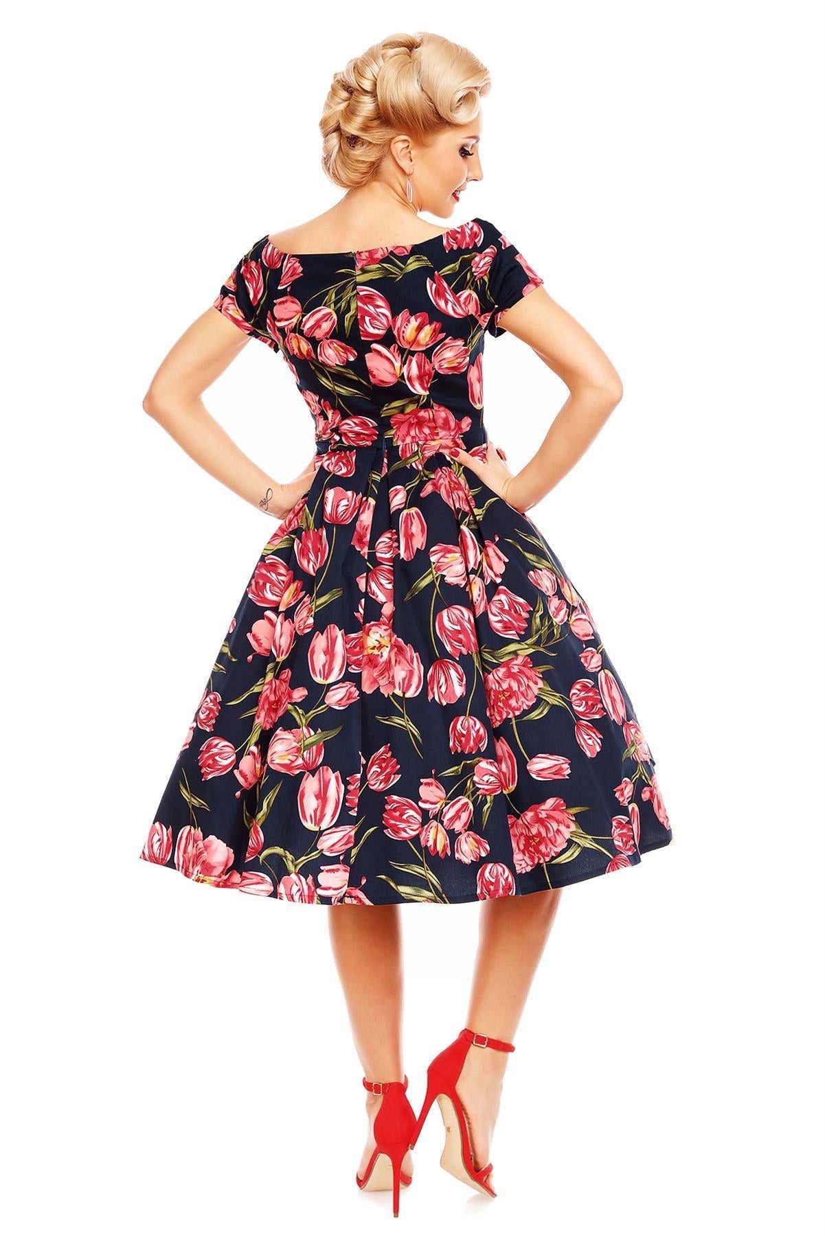 Lily Off Shoulder Swing Dress in Navy Tulip