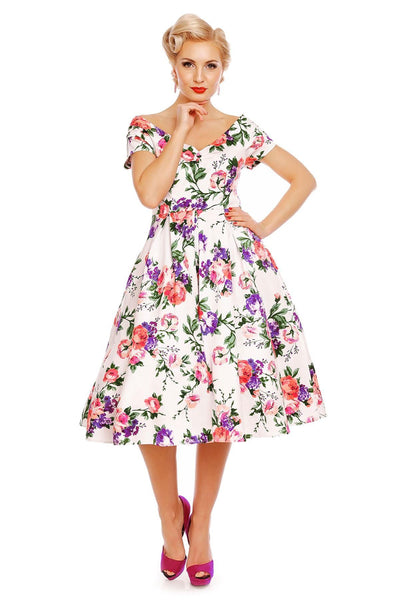 Lily Off Shoulder Swing Dress in White Floral