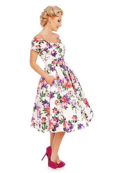 Lily Off Shoulder Swing Dress in White Floral