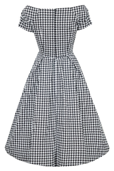 Lily Retro Off Shoulder Dog Tooth Print Dress