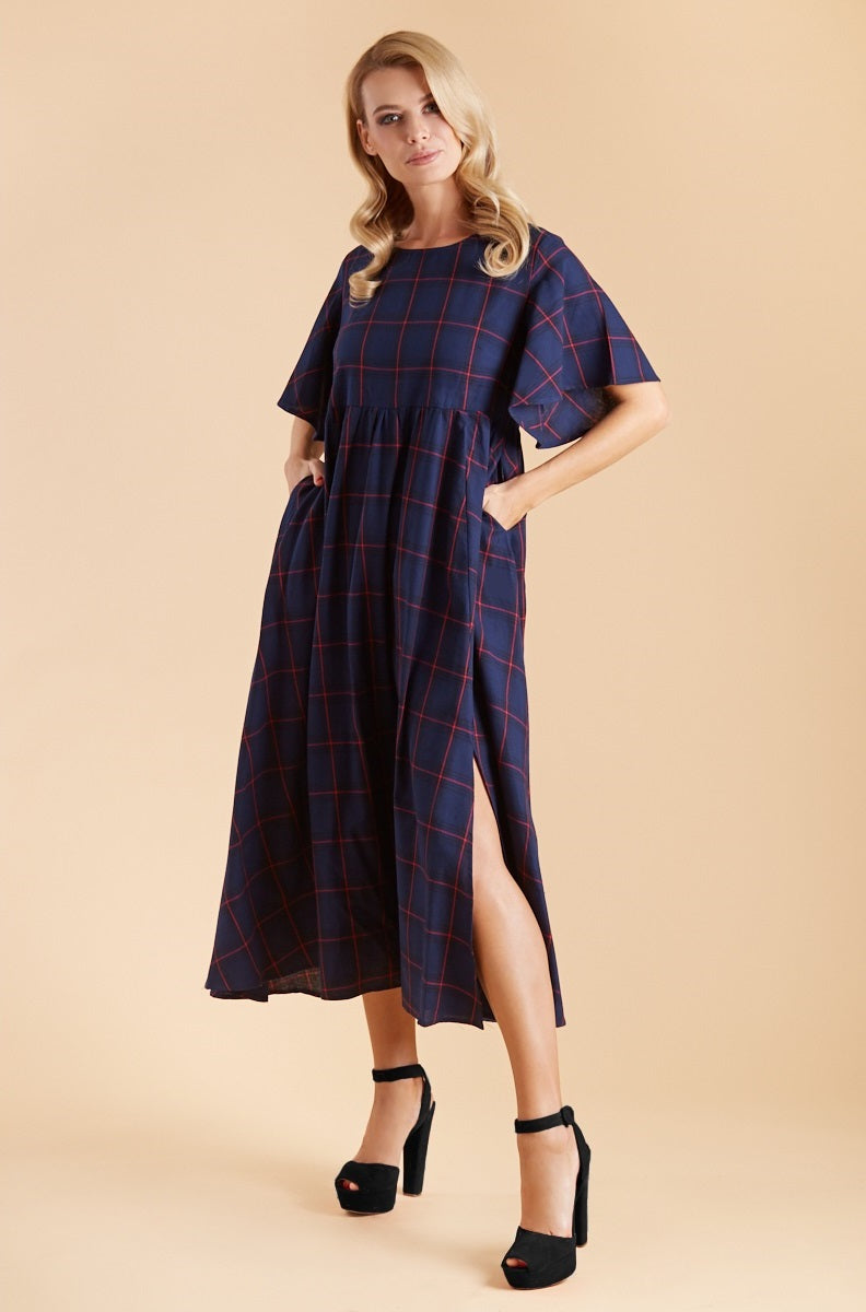 Bella Floaty Oversized Day Dress in Blue Tartan
