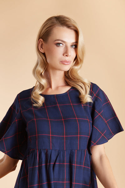 Bella Floaty Oversized Day Dress in Blue Tartan