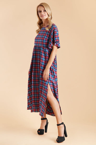 Bella Floaty Oversized Day Dress in Pink Tartan