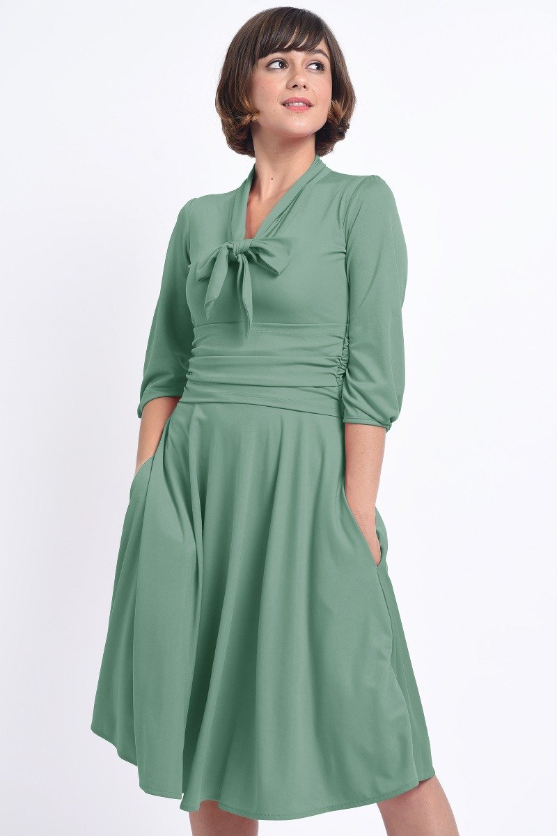 Sandra Vintage Inspired Stretchy Sage Green Bow Tie Dress