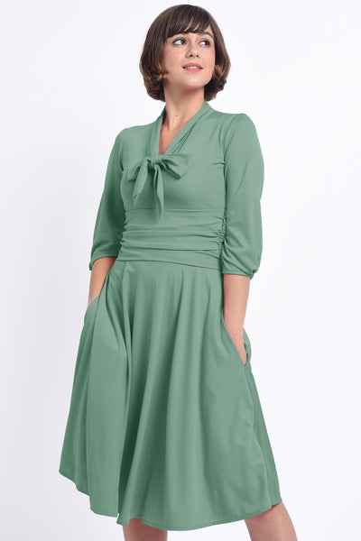 Sandra Vintage Inspired Stretchy Sage Green Bow Tie Dress