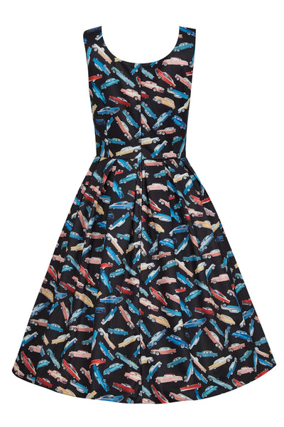 Amanda Scoop Neck Swing Dress in Car Print