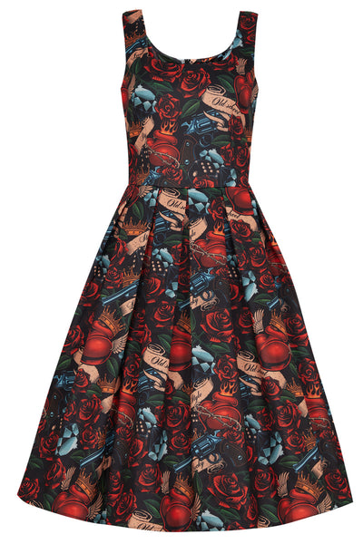 Amanda Scoop Neck Swing Dress in Heart and Roses Print
