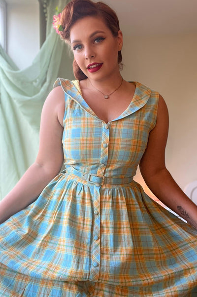 Maverick Luxury Blue & Yellow Check Sleeveless Flared Dress