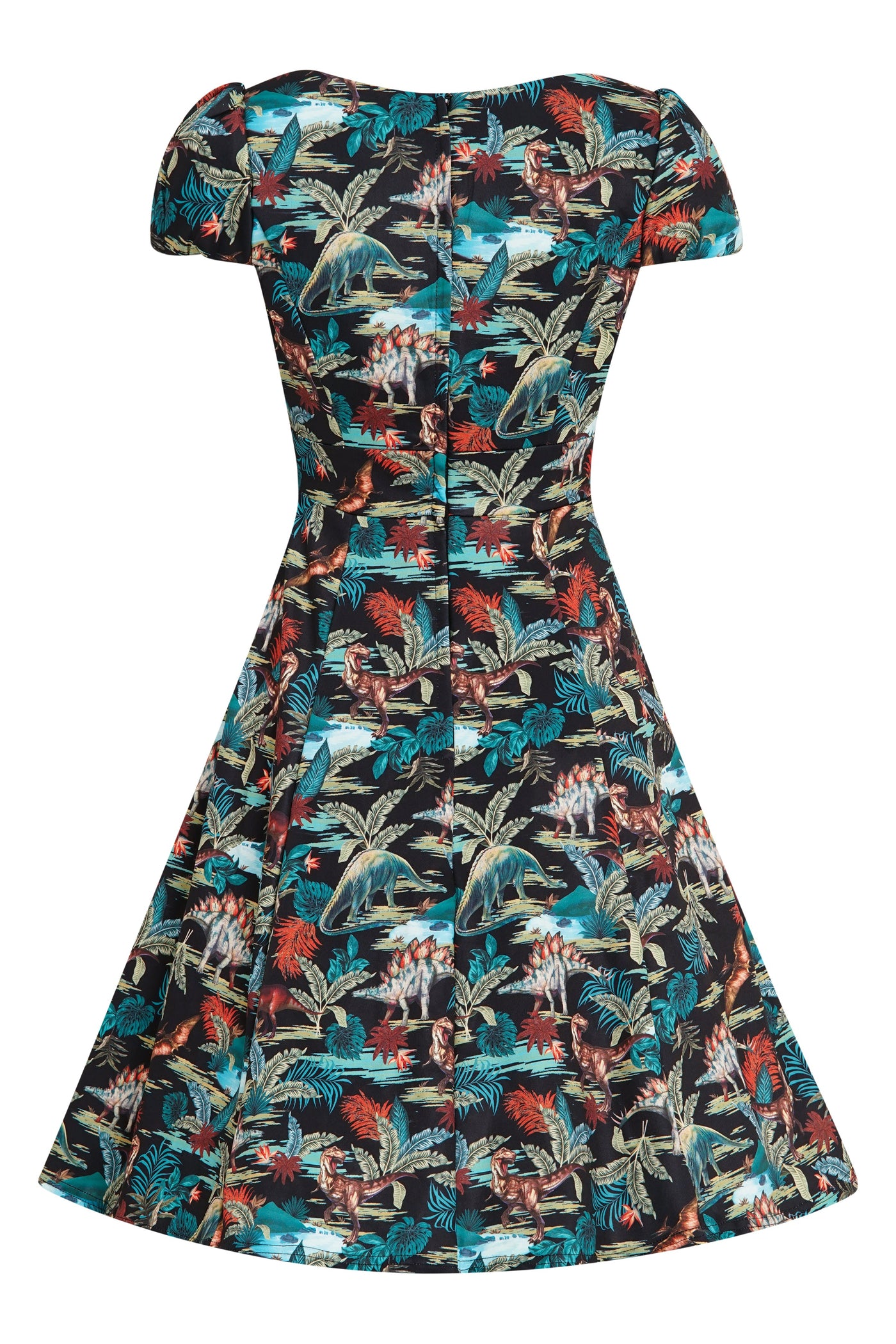 Woman's Black Quirky Dinosaur Print Sleeved Swing Dress