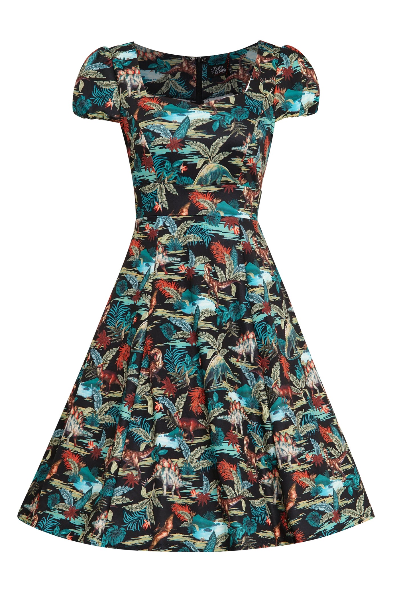 Woman's Black Quirky Dinosaur Print Sleeved Swing Dress