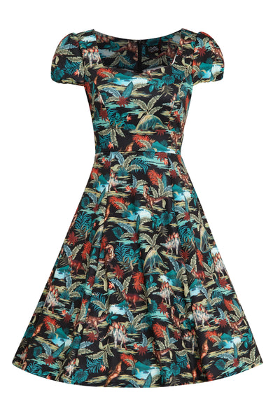 Woman's Black Quirky Dinosaur Print Sleeved Swing Dress