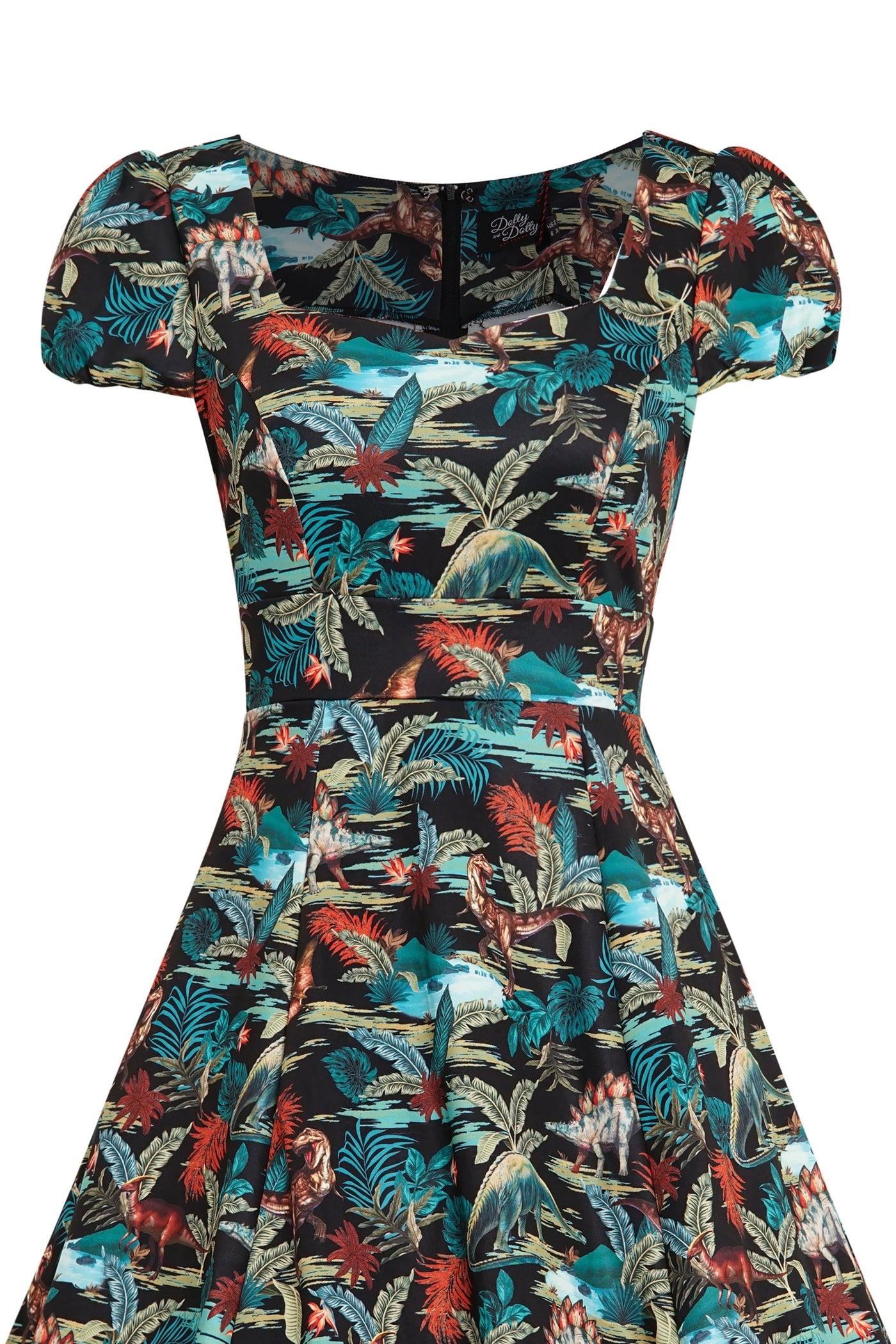 Woman's Black Quirky Dinosaur Print Sleeved Swing Dress