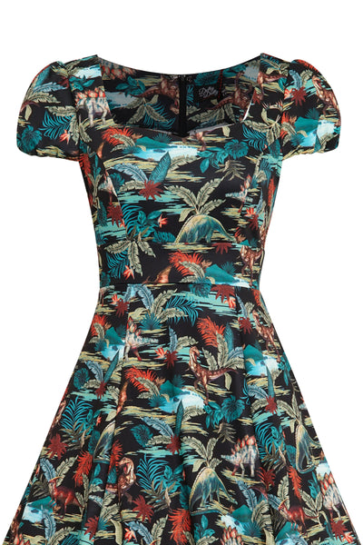 Woman's Black Quirky Dinosaur Print Sleeved Swing Dress