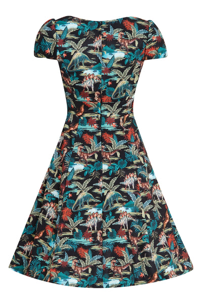 Woman's Black Quirky Dinosaur Print Sleeved Swing Dress