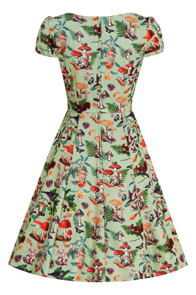 Woman's Cap Sleeved Dress in Mushroom, Squirrels Forest Print