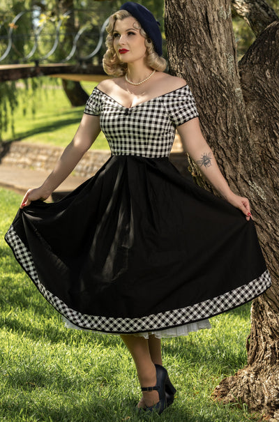 Lily Off Shoulder Black Gingham Swing Dress