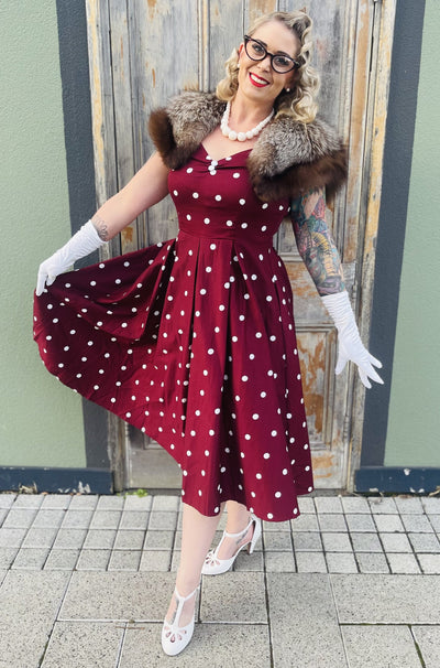 Lily Off Shoulder Polka Dot Evening Dress in Burgundy & White