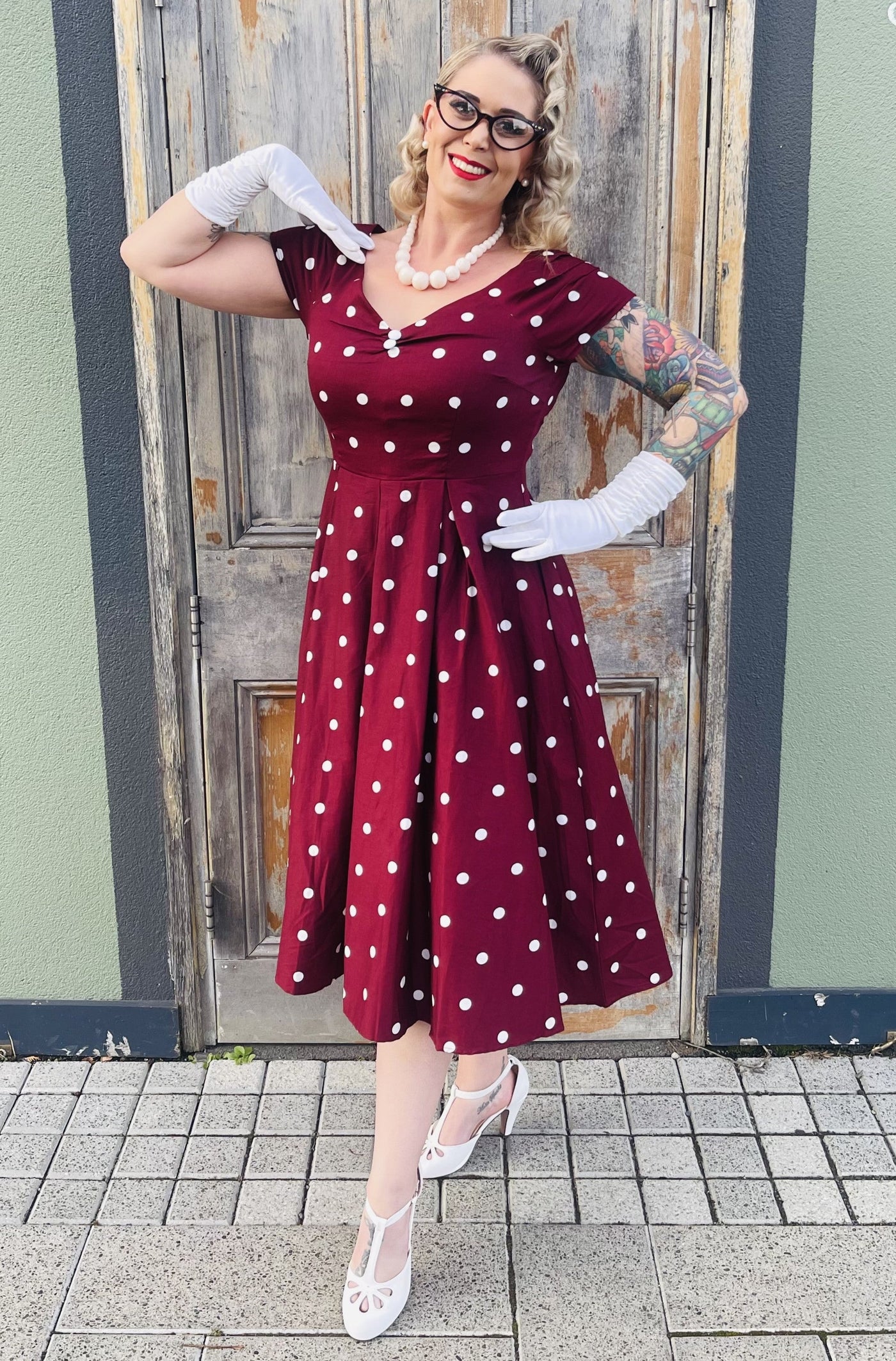 Lily Off Shoulder Polka Dot Evening Dress in Burgundy & White