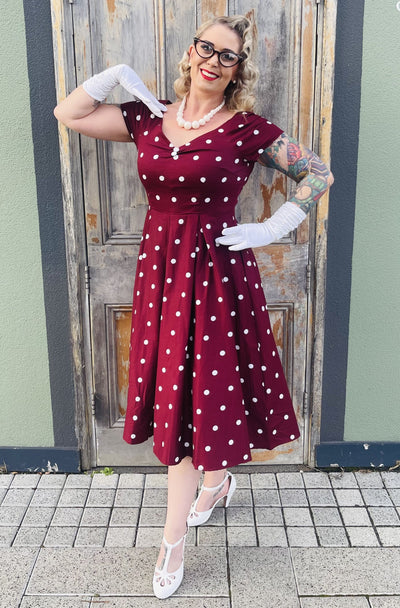 Lily Off Shoulder Polka Dot Evening Dress in Burgundy & White