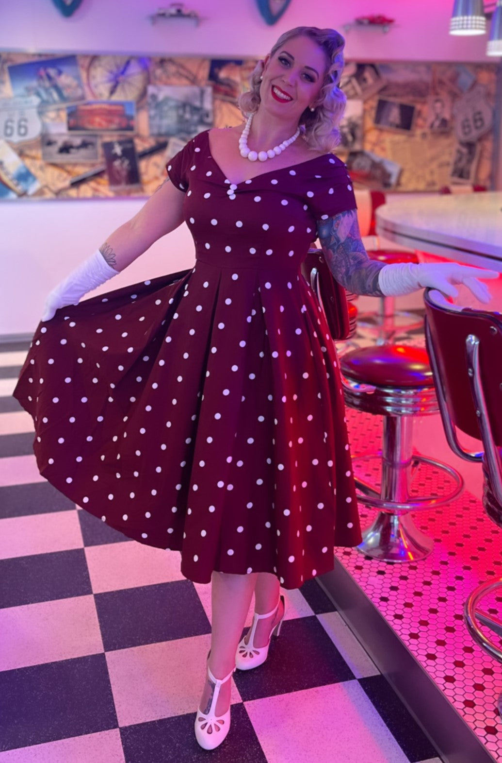 Lily Off Shoulder Polka Dot Evening Dress in Burgundy & White