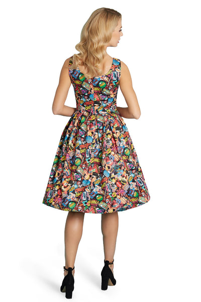 Amanda Scoop Neck Swing Dress in Black Comic Print