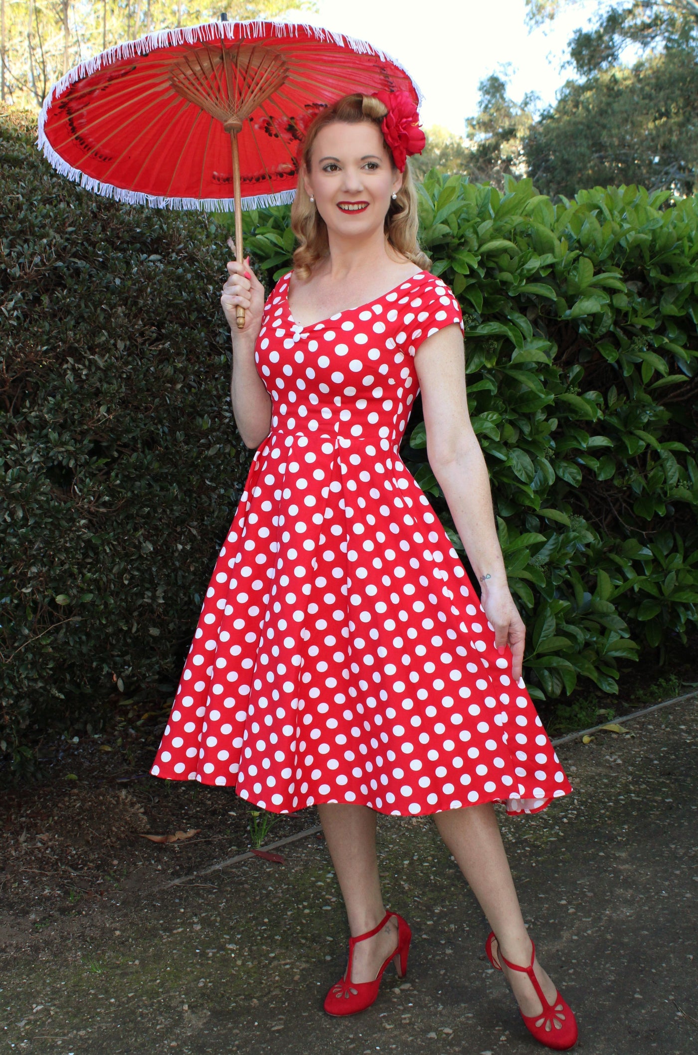 Lily Off The Shoulder Polka Dot Evening Dress Red & White