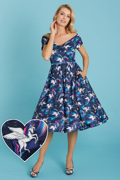 Lily Retro Off Shoulder Unicorn Swing Dress