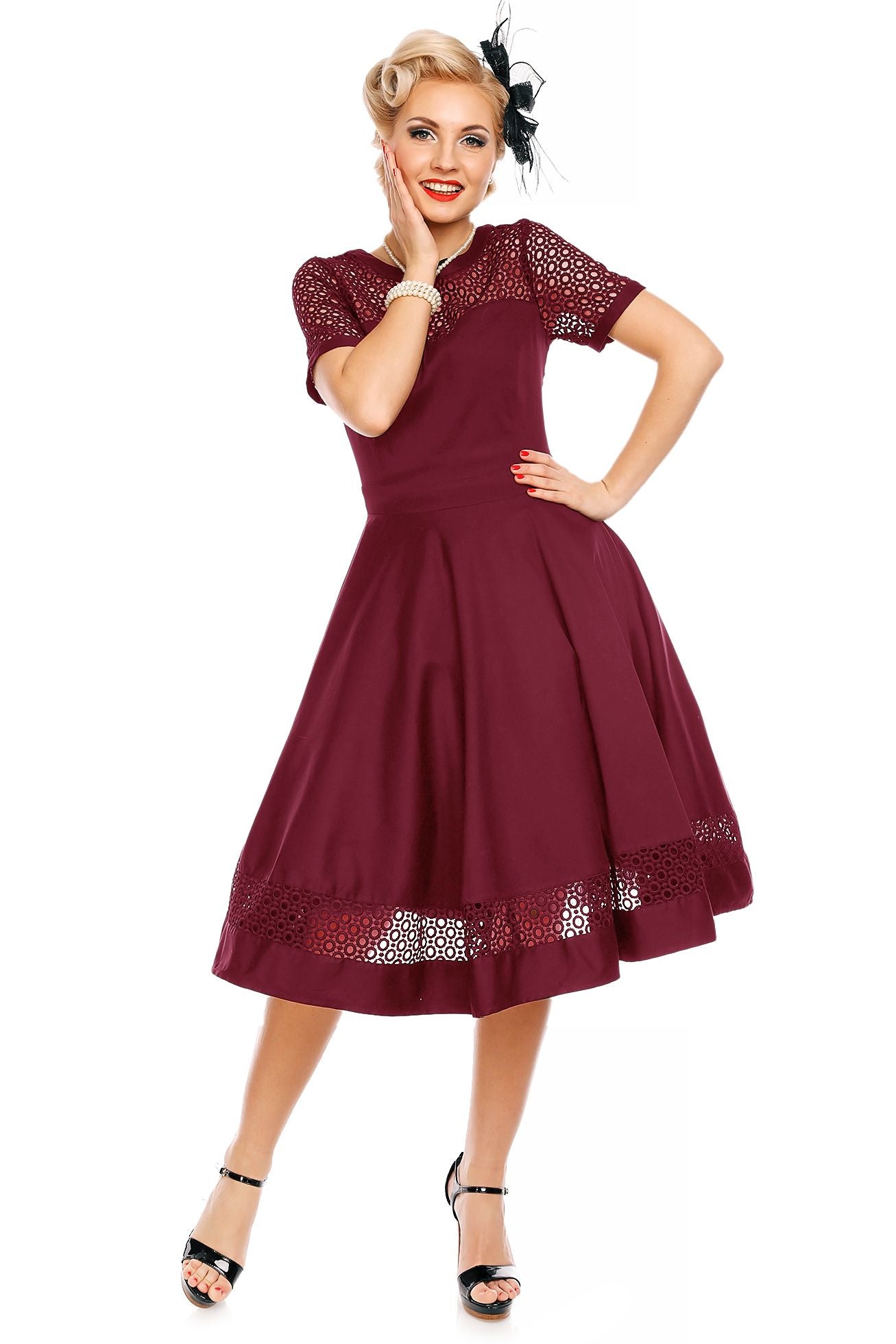 Woman's Lace Sleeved Dress in Burgundy
