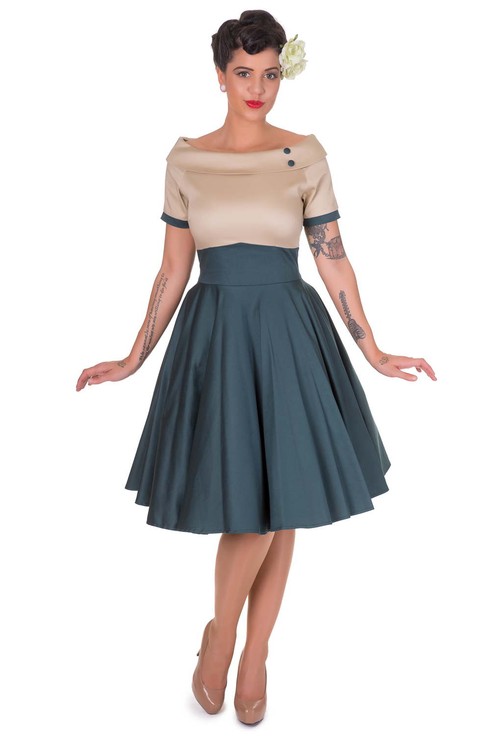 Woman's Retro Full Circle Swing Dress in Beige/Dark Green