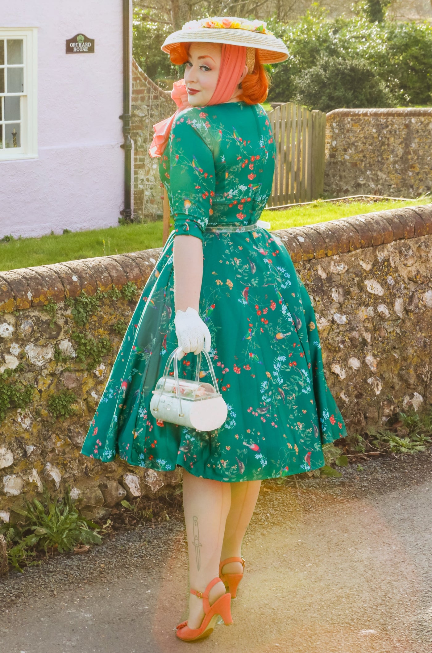 Scarlette Long-Sleeved Stretchy Dress Myrtle Green Birds & Flowers