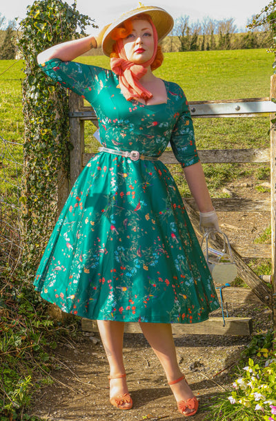 Scarlette Long-Sleeved Stretchy Dress Myrtle Green Birds & Flowers