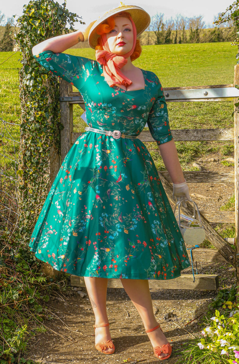 Scarlette Long-Sleeved Stretchy Dress Myrtle Green Birds & Flowers