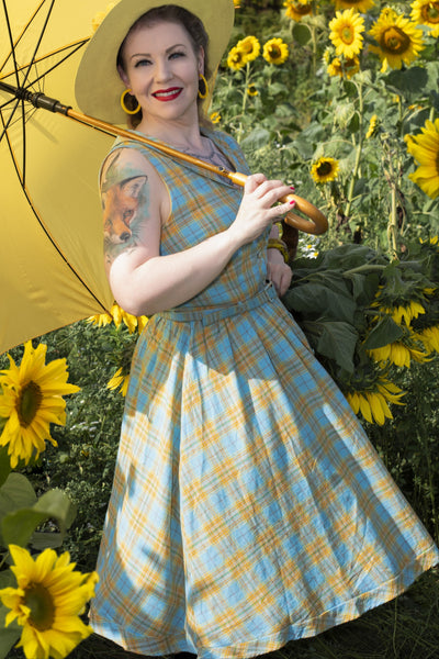 Women's 50s Style Blue & Yellow Check Shirt Dress1
