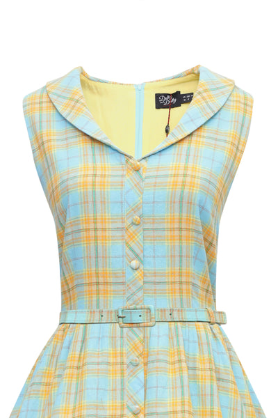 Maverick Luxury Blue & Yellow Check Sleeveless Flared Dress