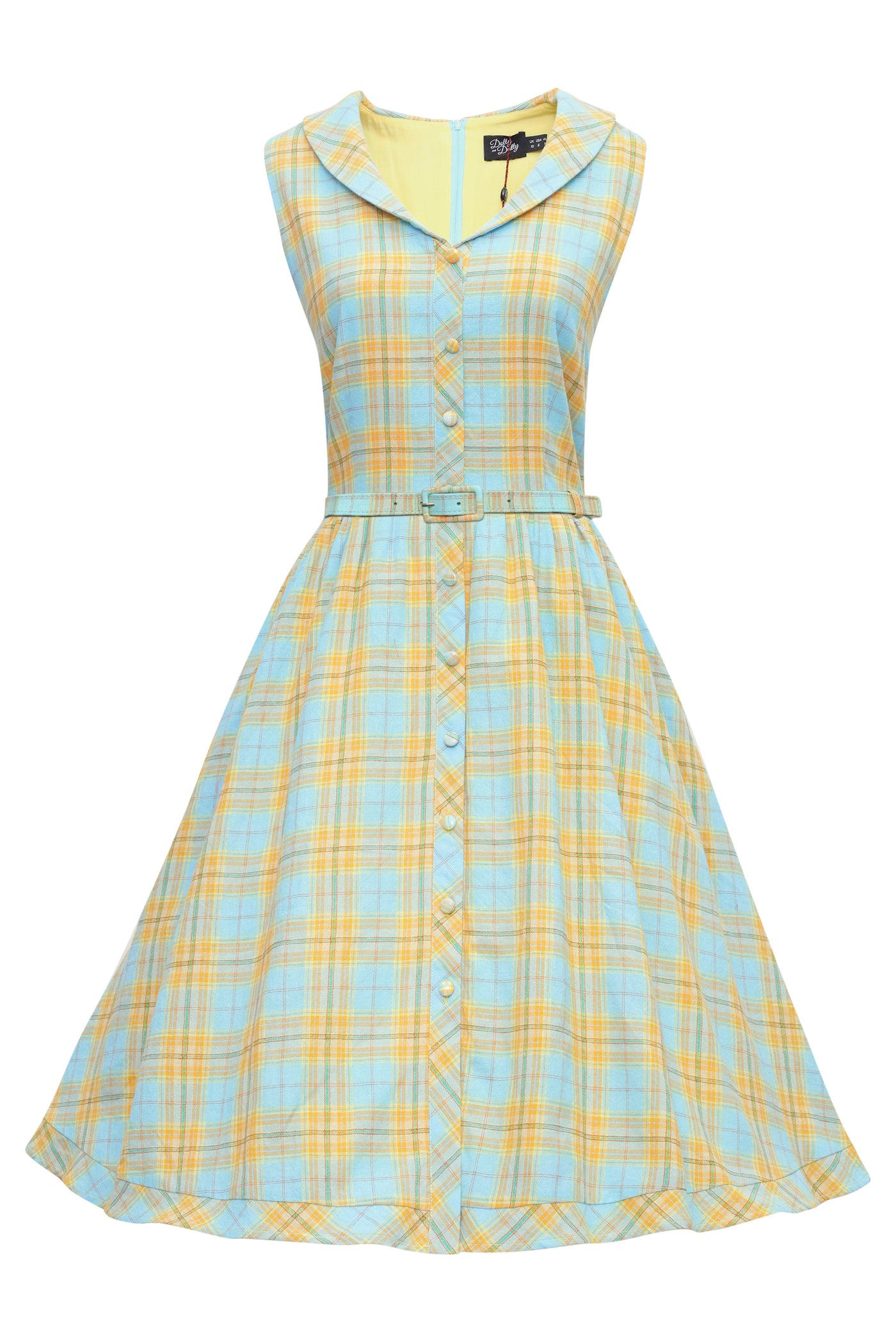 Maverick Luxury Blue & Yellow Check Sleeveless Flared Dress