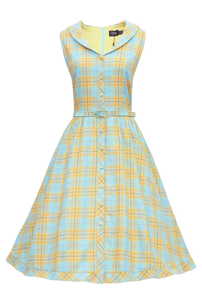 Maverick Luxury Blue & Yellow Check Sleeveless Flared Dress