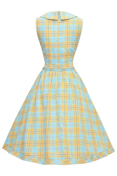 Maverick Luxury Blue & Yellow Check Sleeveless Flared Dress
