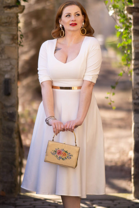 Women's Bridal White Long Sleeved Midi Dress 