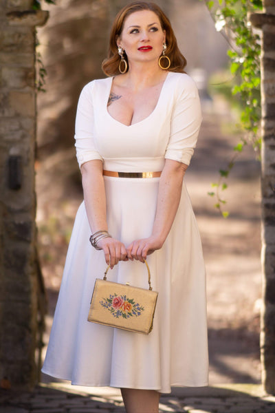 Women's Bridal White Long Sleeved Midi Dress 
